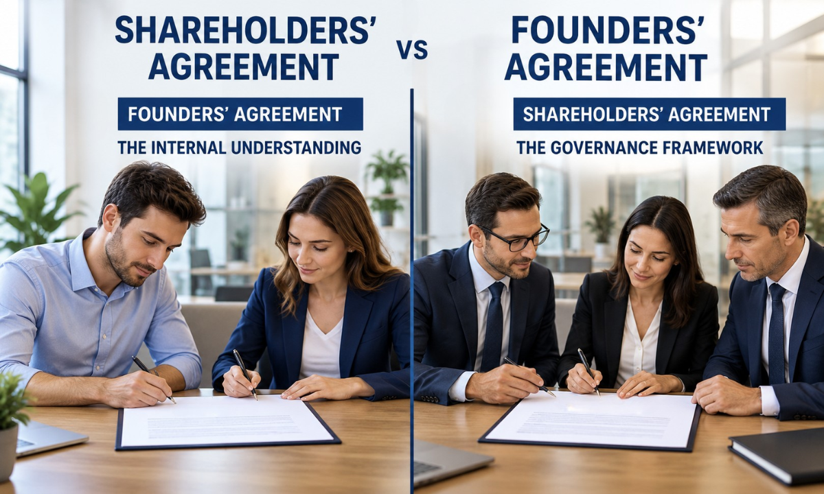 Business partners reviewing ownership and governance documents.
