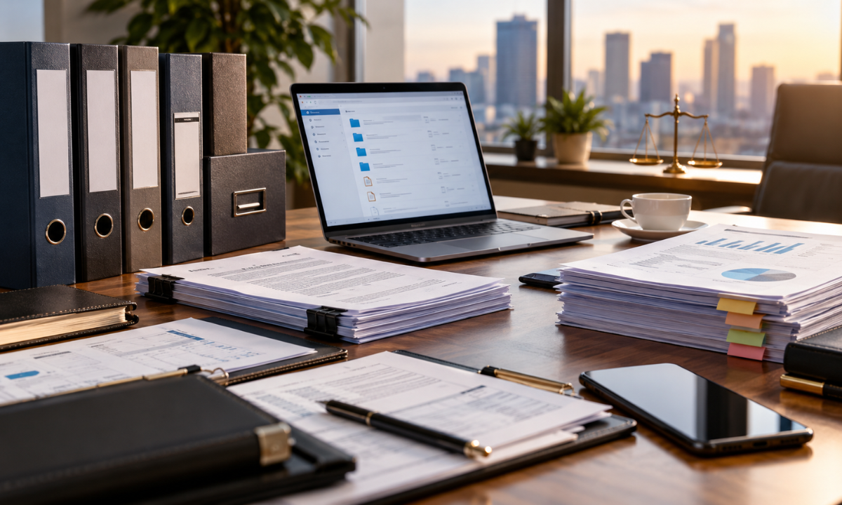 Startup founders preparing legal documents and corporate records for investor due diligence