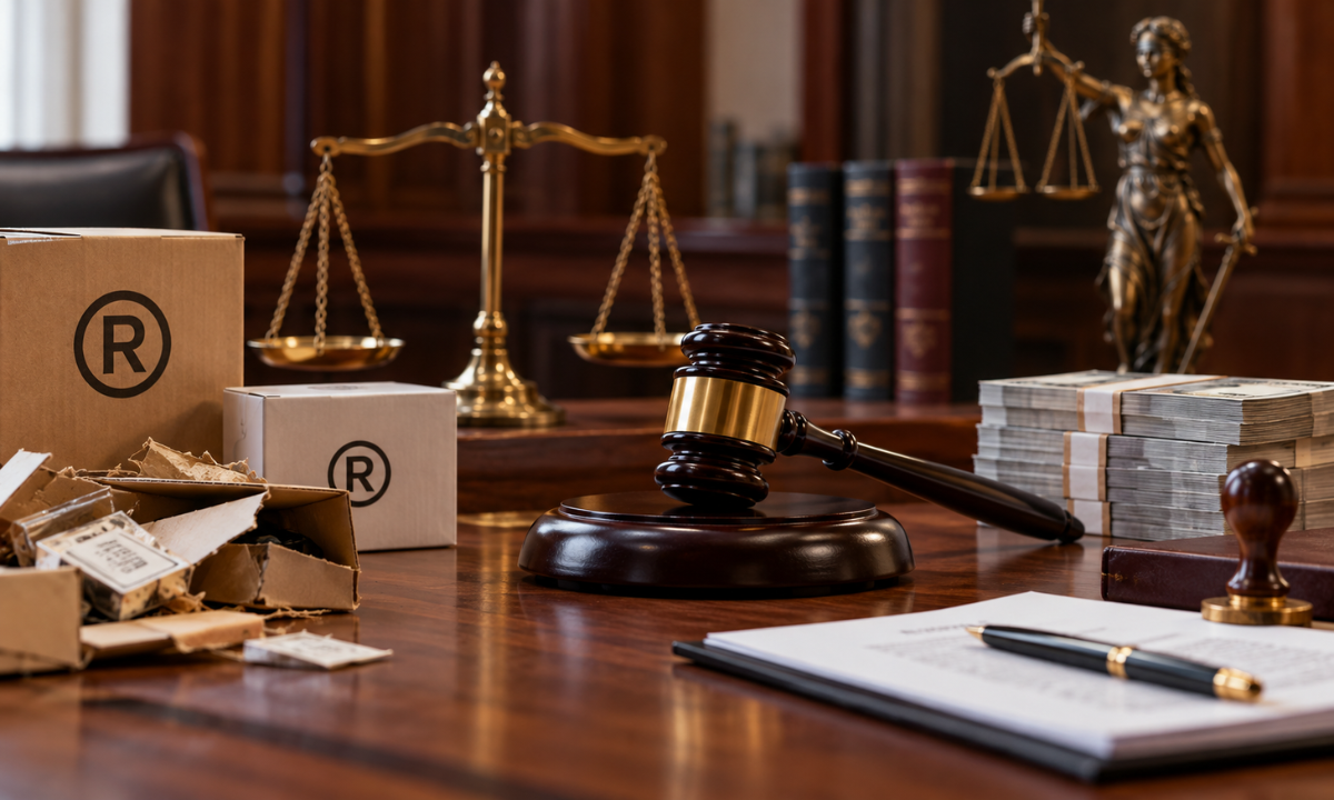 Gavel, scales, cash, and infringing packaging representing legal remedies.