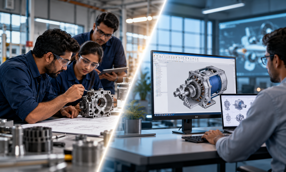 Engineers reviewing mechanical designs and 3D CAD models in a technical workspace.