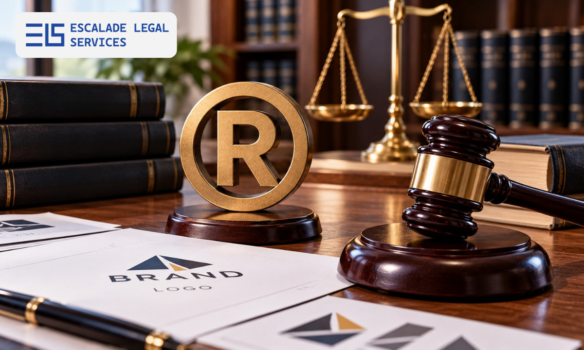Legal scales, gavel, and trademarked packaging representing Indian trademark law.