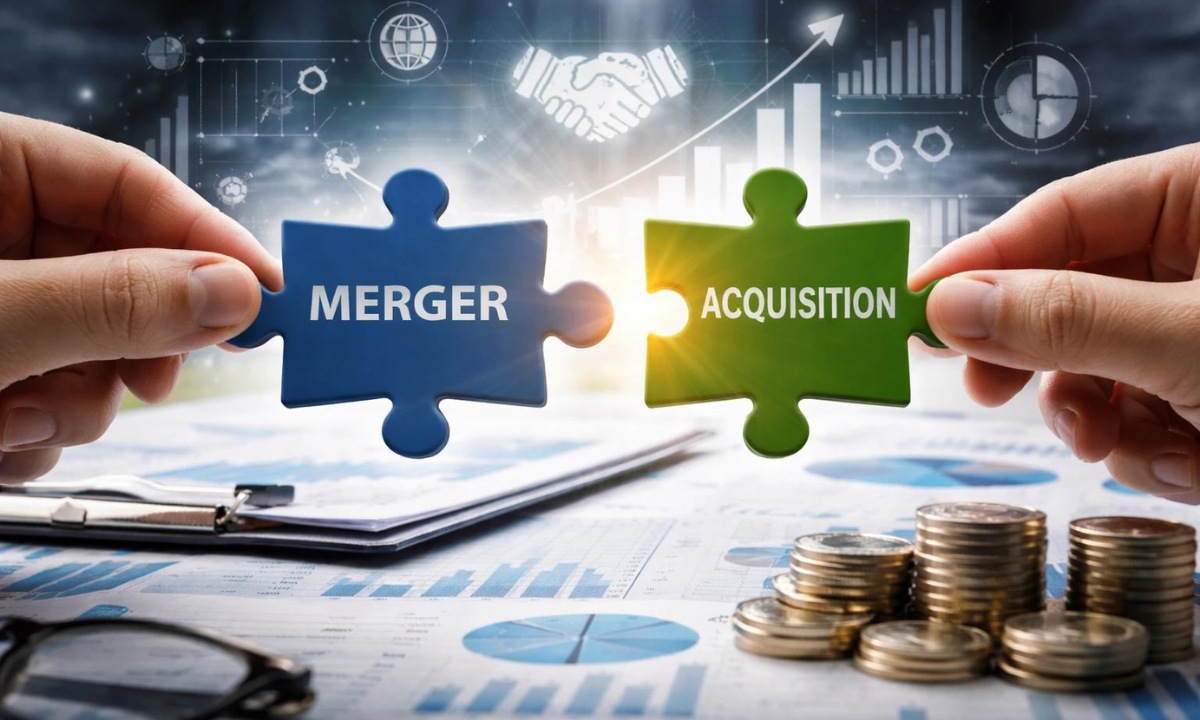 Corporate merger and acquisition concept illustrating different types of corporate restructuring in India.