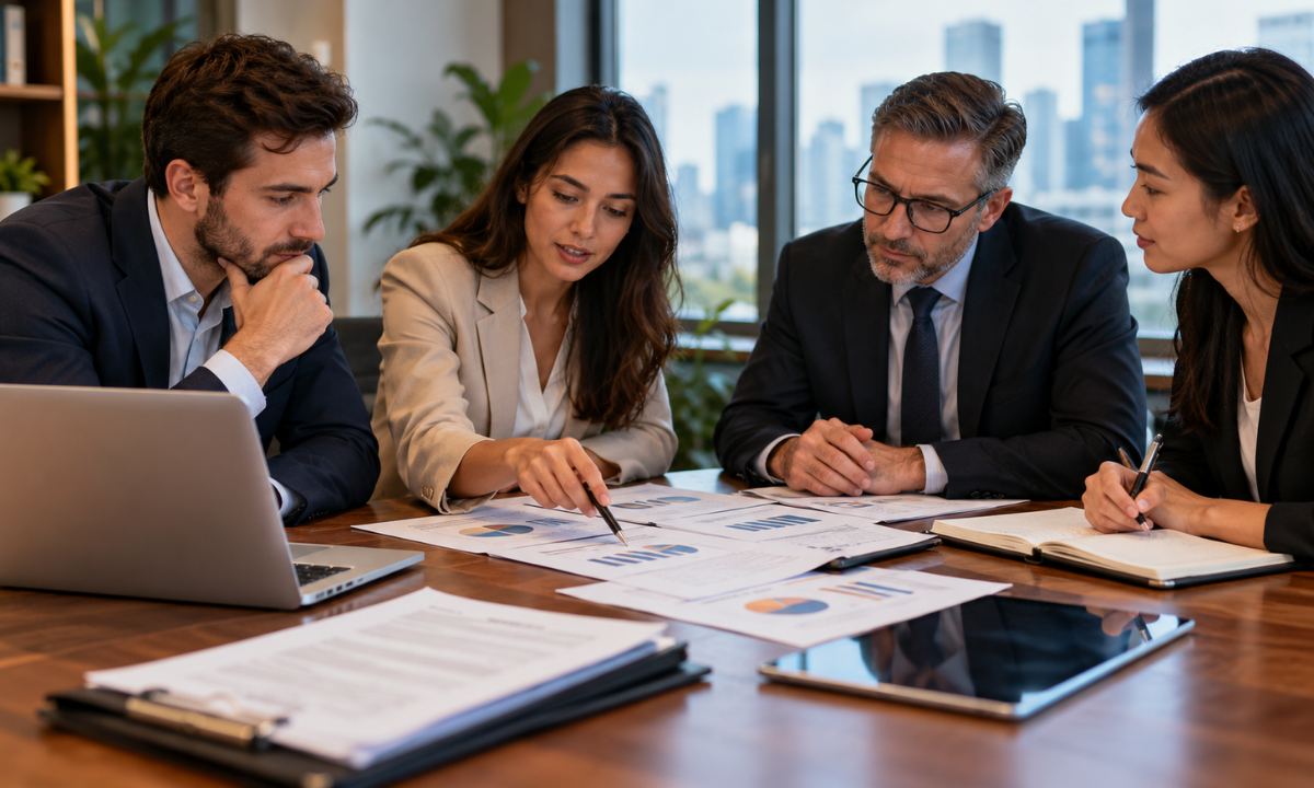 Startup founders reviewing shareholding structure, equity allocation, and founder agreements
